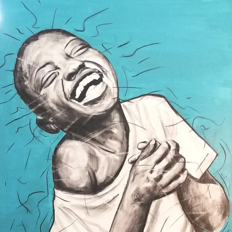 Laughing child painted against a turquoise background