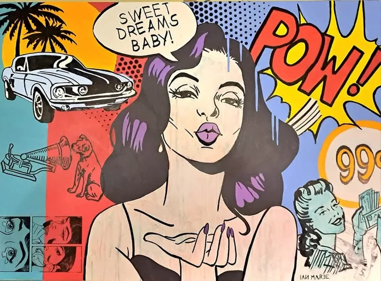 Comic-inspired collage with a vintage car and speech bubble