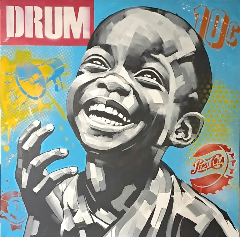 Laughing child against blue and yellow vintage graphics