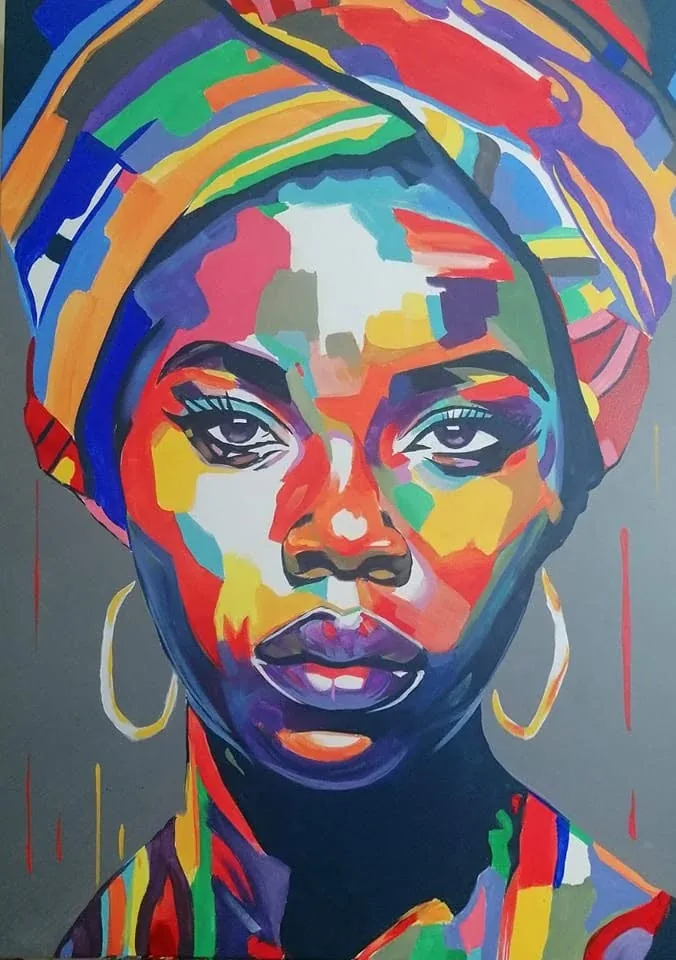 Frontal portrait with a headwrap in vivid blocks of colour